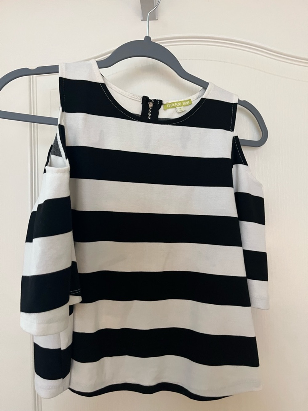 Gianni Bini Black and White Striped Cold-Shoulder Top with Back Zip